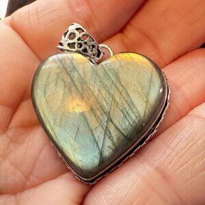 Labradorite Heart Pendant High Flash Natural Stone 1.5 Inch